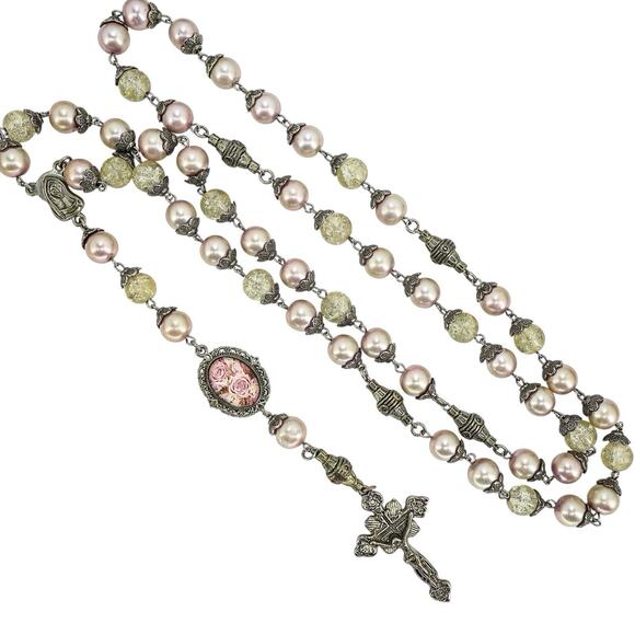 Vintage Large Display Ceremonial Ornate Rosary Faux Pearl & Crackle Glass Beads - Picture 1 of 10